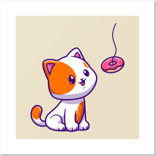 Cute Cat Eating Donut Cartoon Posters and Art